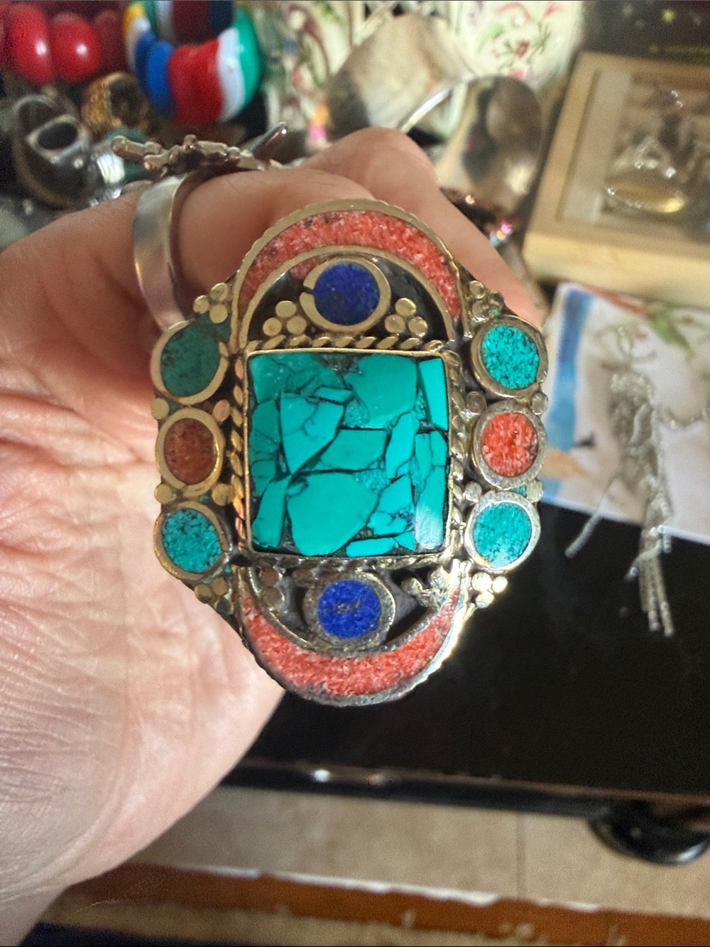 Turquoise & Coral Inlay Statement Ring - Women Jewelry